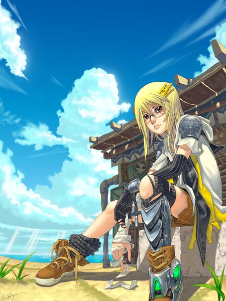 Anime picture 1181x1575 with original ncvg (artist) single long hair tall image blonde hair sitting sky cloud (clouds) orange eyes girl thighhighs glasses boots bandage (bandages) cross torn thighhighs