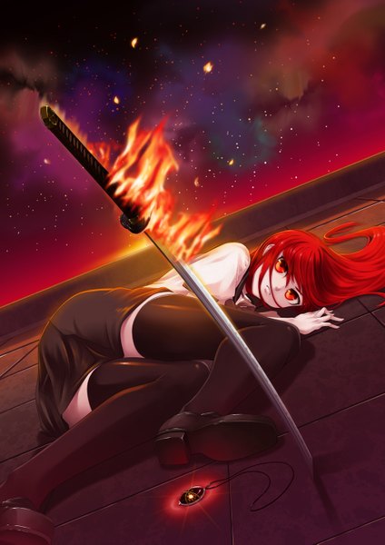 Anime picture 1012x1433 with shakugan no shana j.c. staff shana hamada youho single long hair tall image looking at viewer open mouth red eyes sky red hair lying night night sky glowing soles smoke girl thighhighs