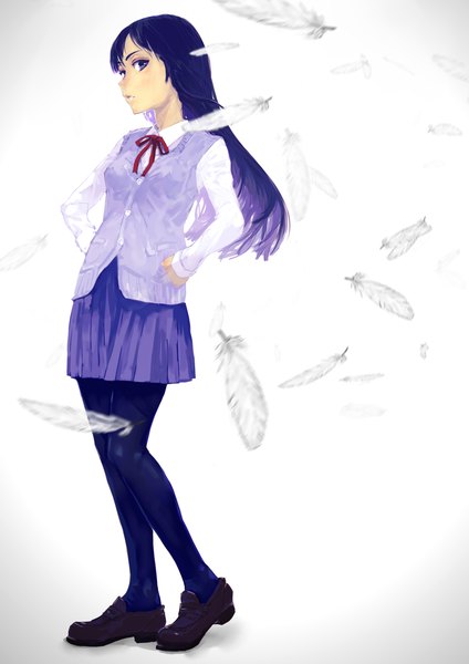 Anime picture 842x1191 with original nimirom single long hair tall image looking at viewer standing purple eyes purple hair pleated skirt girl skirt uniform ribbon (ribbons) school uniform pantyhose serafuku shoes feather (feathers) vest