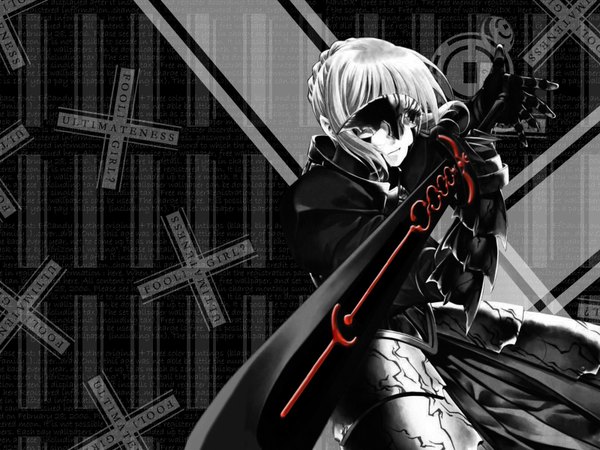 Anime picture 1600x1200 with fate (series) fate/stay night studio deen type-moon artoria pendragon (all) saber saber alter single white hair monochrome girl gloves weapon sword armor mask armored dress excalibur dark excalibur