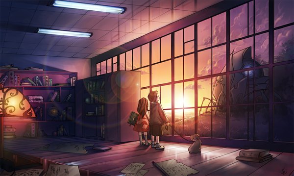 Anime picture 1024x614 with unodu wide image holding sky cloud (clouds) indoors sunlight evening sunset window sea book (books) sun child (children) lamp shelf bookshelf dog room robot