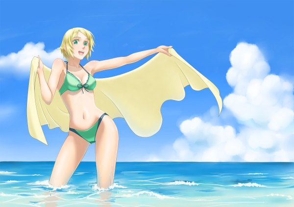 Anime picture 2480x1748 with highres short hair blonde hair green eyes girl swimsuit bikini water