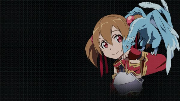 Anime picture 1366x768 with sword art online a-1 pictures silica single short hair smile red eyes brown hair wide image twintails wallpaper short twintails dark background girl armor dragon