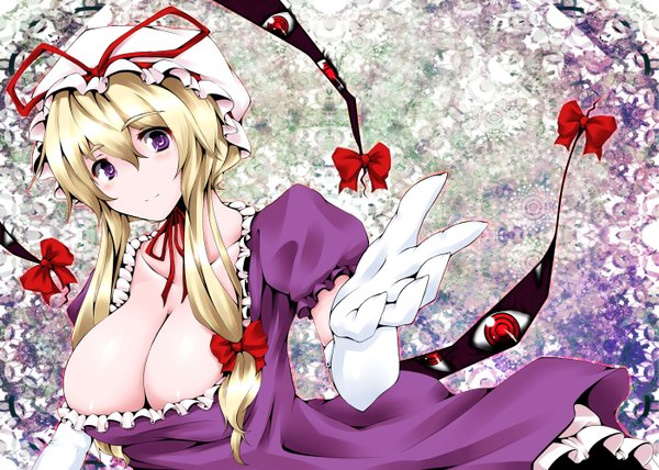 Anime picture 2800x2000 with touhou yakumo yukari mikage kirino highres breasts light erotic blonde hair purple eyes huge breasts eyes girl hat