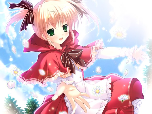 Anime picture 1600x1200 with magical drop mikeou blush short hair open mouth blonde hair twintails green eyes sky sunlight short twintails spread arms girl flower (flowers) petals cape