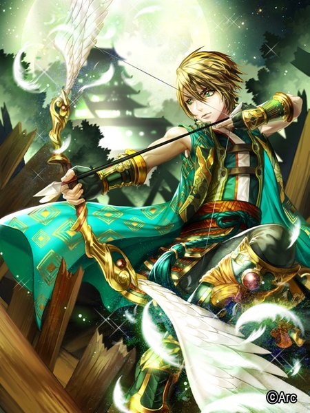 Anime picture 1440x1920 with bbbox (hotpppink) single tall image fringe short hair blonde hair green eyes boy weapon armor moon feather (feathers) full moon clothes bow (weapon) arrow (arrows) vambraces