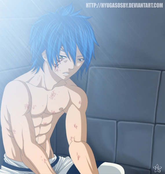Anime picture 1300x1369 with fairy tail jellal fernandes hyugasosby single tall image short hair yellow eyes blue hair sunlight tattoo coloring muscle boy blood wall