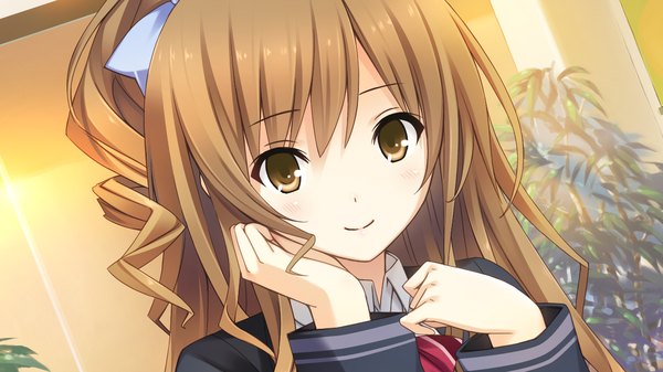 Anime picture 1280x720 with hotch kiss giga haruhino misaki mikoto akemi single long hair smile brown hair wide image brown eyes game cg girl