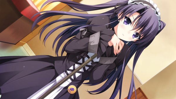 Anime picture 1920x1080 with berry's morikubo yuna suzuhira hiro single long hair looking at viewer blush highres black hair wide image purple eyes game cg girl dress headdress