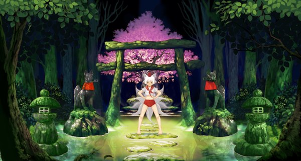 Anime picture 1800x961 with original hirokiku single highres short hair wide image standing white hair tail barefoot night bare legs midriff cherry blossoms multiple tails wolf ears hands on hips kyuubi uniform plant (plants)