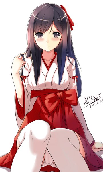 Anime picture 3543x5905 with original allenes single long hair tall image blush highres light erotic black hair simple background white background signed absurdres traditional clothes black eyes pantyshot miko girl thighhighs underwear