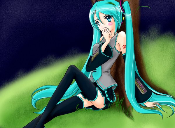 Anime picture 1440x1056 with vocaloid hatsune miku tagme (artist) blush sitting twintails aqua eyes aqua hair night girl thighhighs skirt black thighhighs plant (plants) detached sleeves tree (trees) necktie grass