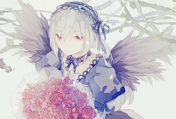 Anime picture 800x540 with rozen maiden suigintou xiaohan single long hair looking at viewer red eyes silver hair puffy sleeves black wings lolita fashion goth-loli girl dress flower (flowers) wings rose (roses) feather (feathers) bouquet doll (dolls)