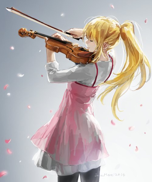 Anime picture 800x960 with shigatsu wa kimi no uso a-1 pictures miyazono kaori jane mere single long hair tall image fringe blonde hair smile standing holding signed lips alternate costume dated alternate hairstyle playing instrument girl petals