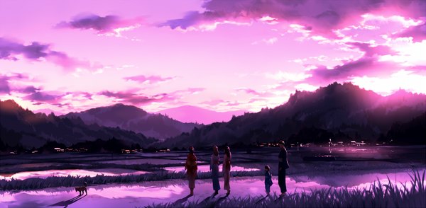 Anime picture 1753x861 with original mogumo long hair highres short hair wide image sky cloud (clouds) traditional clothes japanese clothes mountain landscape city lights girl plant (plants) kimono building (buildings) grass child (children) dog