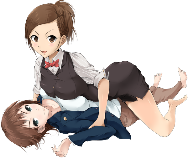 Anime picture 1916x1615 with solru (tyappygain) looking at viewer highres short hair open mouth blue eyes smile brown hair multiple girls brown eyes barefoot legs transparent background girl 2 girls suit