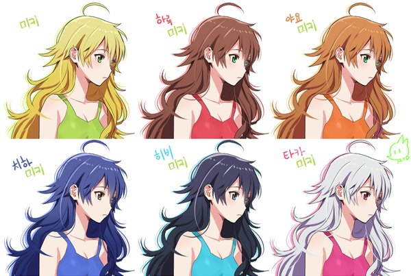Anime picture 900x605 with idolmaster hoshii miki rod4817 long hair blush black hair simple background blonde hair red eyes brown hair white background bare shoulders brown eyes green eyes signed blue hair silver hair ahoge looking down multiview
