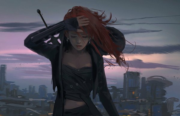 Anime picture 1023x662 with ghost blade lenia wlop single long hair open mouth sky cloud (clouds) red hair eyes closed lips night night sky hand on head girl gloves weapon earrings sword fingerless gloves