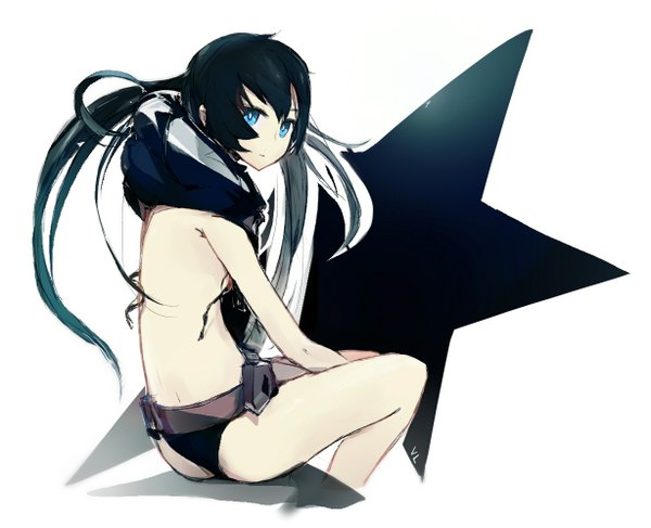 Anime picture 1228x998 with black rock shooter black rock shooter (character) francisco valle single long hair looking at viewer blue eyes light erotic black hair simple background white background sitting twintails signed girl underwear panties star (symbol) fanny pack