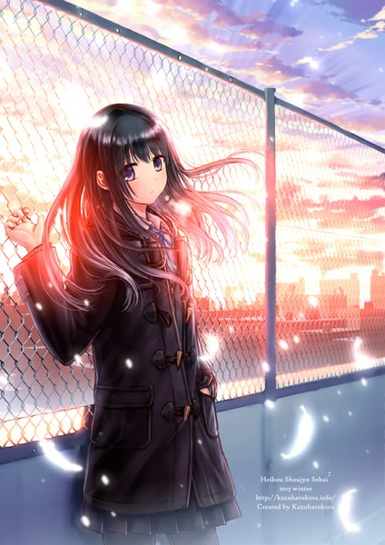 Anime picture 707x1000 with original kazuharu kina single long hair tall image looking at viewer black hair sky cloud (clouds) black eyes evening sunset girl skirt uniform school uniform jacket feather (feathers) fence