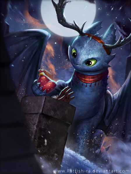 Anime picture 900x1200 with how to train your dragon dreamworks toothless rattish-ra (artist) tall image holding green eyes horn (horns) watermark snowing winter snow fantasy wings scarf moon headband full moon dragon