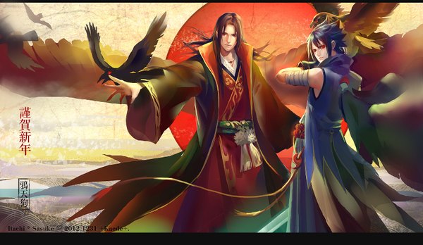 Anime picture 1600x928 with naruto studio pierrot naruto (series) uchiha sasuke uchiha itachi +kaede+ long hair short hair black hair red eyes wide image traditional clothes inscription multiple boys hieroglyph akatsuki sharingan boy animal wings