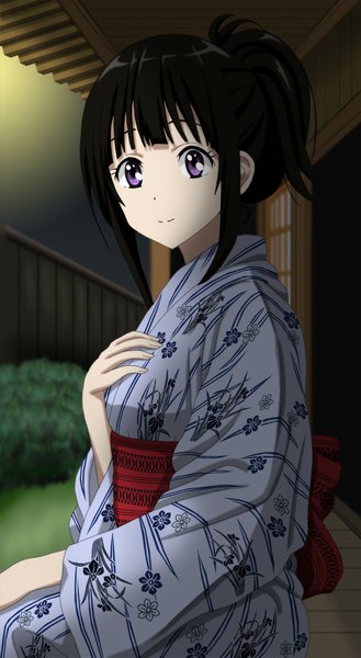 Anime picture 549x1000 with hyouka kyoto animation chitanda eru cp9a single long hair tall image looking at viewer black hair purple eyes traditional clothes japanese clothes alternate hairstyle hair up girl kimono obi
