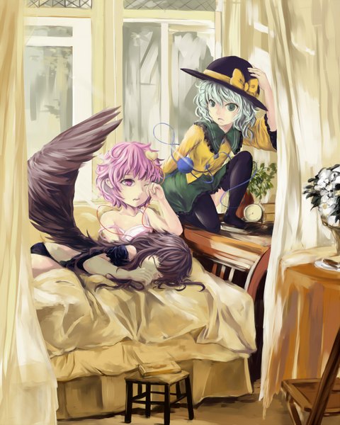 Anime picture 1200x1500 with touhou komeiji koishi komeiji satori reiuji utsuho 463 jun long hair tall image short hair black hair multiple girls green eyes pink hair eyes closed one eye closed pink eyes green hair wink sleeping girl thighhighs