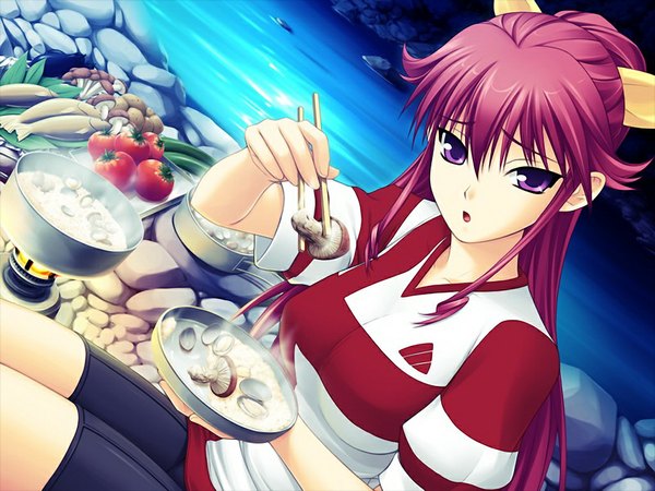 Anime picture 1024x768 with kimi ga aruji de shitsuji ga ore de benisu long hair purple eyes game cg red hair girl