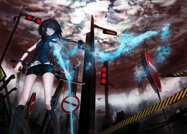 Anime picture 2480x1786 with original mek long hair looking at viewer highres open mouth blue eyes black hair sky cloud (clouds) sleeveless glowing girl weapon sword shorts bracelet katana short shorts knee boots