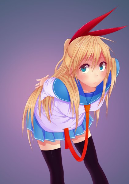 Anime picture 2000x2852 with nisekoi shaft (studio) kirisaki chitoge eltk single long hair tall image highres blonde hair simple background aqua eyes coloring hands behind back purple background girl thighhighs uniform bow black thighhighs hair bow