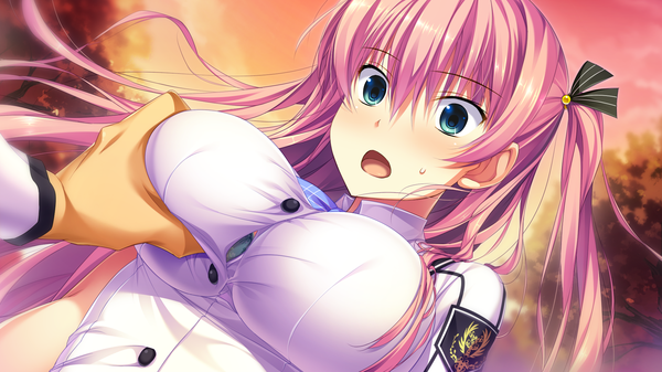 Anime picture 2048x1152 with umisora no fragments haruka kouzuki long hair blush highres breasts open mouth blue eyes light erotic wide image large breasts pink hair game cg breast grab girl uniform school uniform