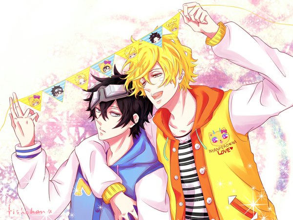 Anime picture 800x601 with karneval gareki (karneval) yogi (karneval) nyanperona (karneval) fishchan short hair open mouth blue eyes black hair blonde hair signed looking away multiple boys hug goggles on head messy hair boy hood 2 boys hoodie