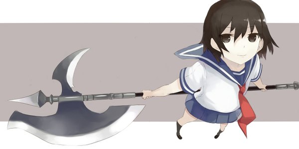 Anime picture 1600x800 with original mazonano (artist) single looking at viewer short hair black hair simple background wide image light smile black eyes girl uniform weapon school uniform serafuku polearm axe