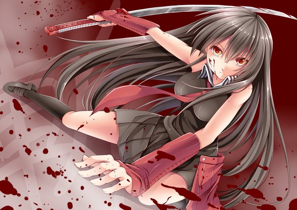 Anime picture 2000x1416 with akame ga kill! white fox akame (akame ga kill!) creek (moon-sky) single long hair looking at viewer highres black hair red eyes girl skirt weapon sword socks necktie katana black socks blood