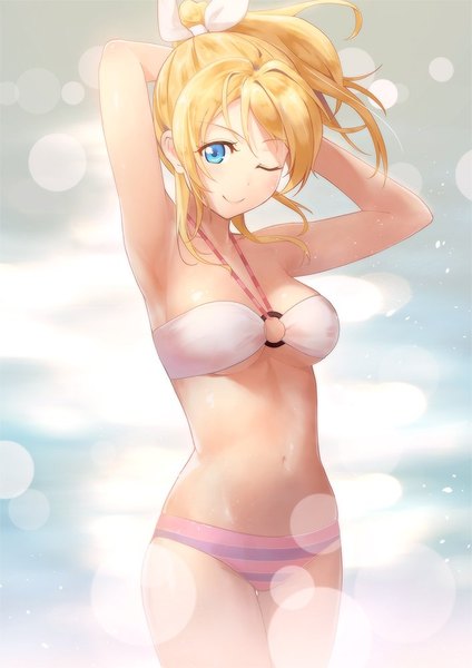 Anime picture 707x1000 with love live! school idol project sunrise (studio) love live! ayase eli redame single long hair tall image looking at viewer fringe breasts blue eyes light erotic blonde hair smile large breasts ponytail one eye closed wind armpit (armpits)