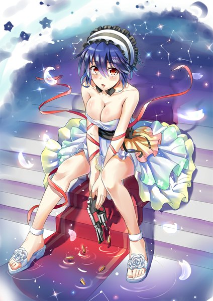 Anime picture 768x1086 with nisekoi shaft (studio) tsugumi seishirou qian wu atai single tall image looking at viewer blush short hair breasts open mouth light erotic red eyes large breasts sitting bare shoulders purple hair mole bare legs alternate costume