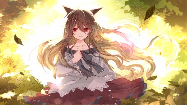Anime picture 1920x1080 with touhou imaizumi kagerou karlwolf single long hair highres smile red eyes brown hair wide image standing animal ears wind sunlight wolf ears girl dress leaf (leaves)