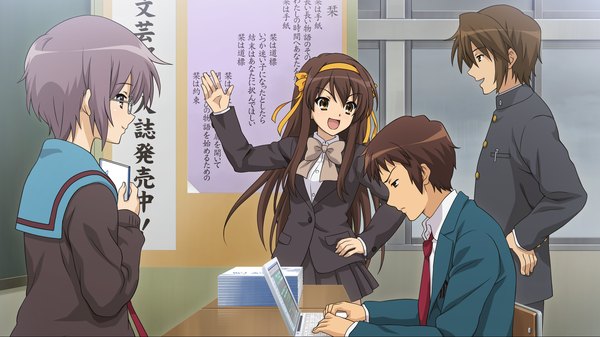 Anime picture 1920x1080 with suzumiya haruhi no yuutsu kyoto animation suzumiya haruhi nagato yuki kyon koizumi itsuki long hair highres short hair open mouth brown hair wide image sitting multiple girls brown eyes game cg grey hair multiple boys girl boy