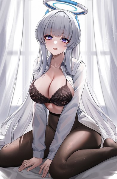 Anime picture 1543x2354 with blue archive noa (blue archive) eternity (shadeh) single long hair tall image looking at viewer fringe breasts open mouth light erotic smile large breasts sitting purple eyes silver hair blunt bangs long sleeves :d open shirt