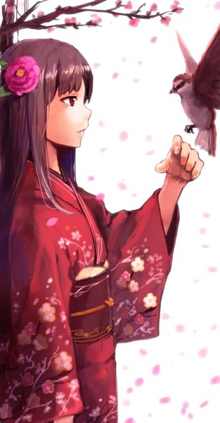 Anime picture 522x1000 with original holysnow long hair tall image red eyes brown hair standing looking away traditional clothes japanese clothes hair flower wind cherry blossoms girl hair ornament flower (flowers) plant (plants) animal petals tree (trees)