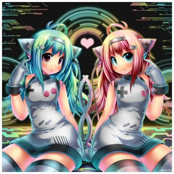 Anime picture 863x863 with original emperpep long hair blush smile multiple girls brown eyes animal ears pink hair ahoge tail animal tail aqua eyes cat ears aqua hair :o cat girl cat tail framed cover