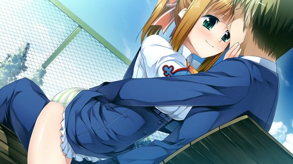 Anime picture 1280x720 with gensou douwa alicetale blush fringe short hair light erotic brown hair wide image green eyes payot game cg pantyshot couple girl boy uniform school uniform