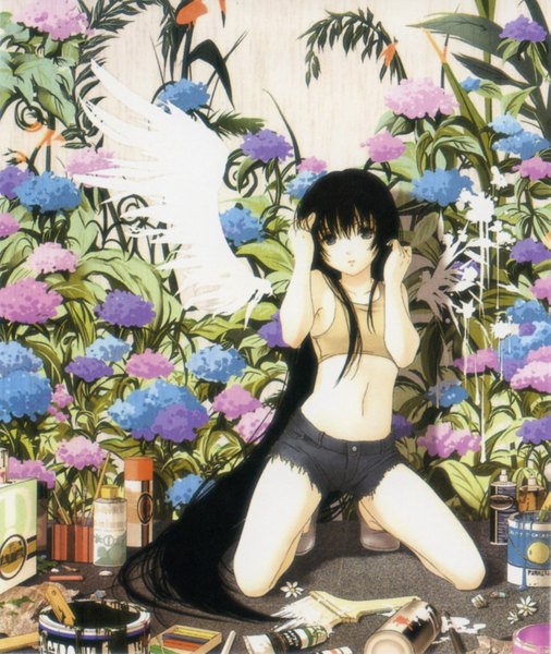 Anime picture 1275x1512 with pixiv girls collection 2010 nacht tall image black hair very long hair black eyes girl navel flower (flowers) plant (plants) wings shorts paintbrush paint art brush paint tube trim brush