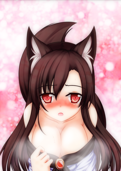 Anime picture 1000x1414 with touhou imaizumi kagerou playjoe2005 single long hair tall image looking at viewer blush breasts open mouth light erotic red eyes brown hair bare shoulders animal ears girl dress