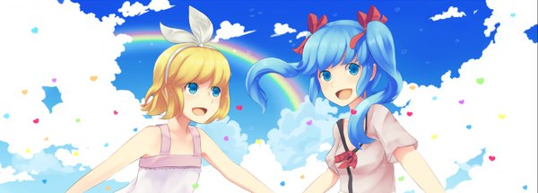 Anime picture 1489x536 with vocaloid hatsune miku kagamine rin ragecndy long hair short hair open mouth blue eyes blonde hair wide image twintails multiple girls blue hair sky cloud (clouds) sleeveless happy laughing girl dress