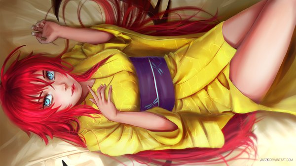 Anime picture 1920x1080 with highschool dxd rias gremory jaezx single long hair looking at viewer highres breasts blue eyes wide image red hair lying traditional clothes japanese clothes lips wide sleeves on back girl obi yukata