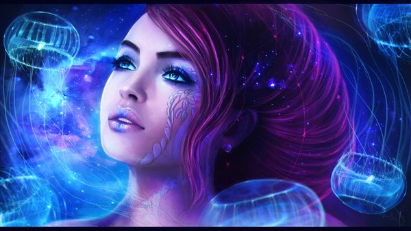Anime picture 1920x1080 with magicnaanavi single long hair highres blue eyes wide image signed purple hair lips close-up face eyeshadow face paint girl earrings jellyfish