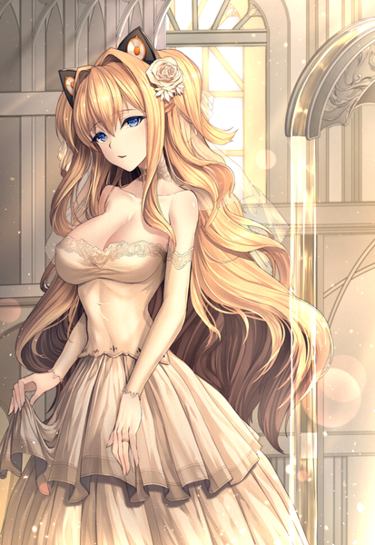 Anime picture 794x1152 with vocaloid seeu limeblock single long hair tall image looking at viewer fringe breasts blue eyes light erotic blonde hair hair between eyes large breasts standing bare shoulders holding animal ears payot cleavage
