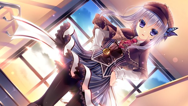 Anime picture 2048x1152 with hakoniwa logic cabbit (studio) maezono kirika yukie (peach candy) single looking at viewer fringe highres short hair open mouth blue eyes wide image standing game cg silver hair wind hand on hip girl dress hair ornament